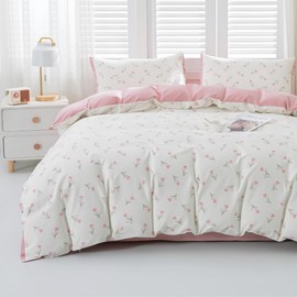 Michorinee Single Duvet Cover Set 100% Cotton White with Pink Tulip Floral Reversible Bedding Set 2pc Aesthetic Cute Girl Flower Quilt Cover 135x200 cm with Zipper Closure and 1 Pillowcase 50x75 cm