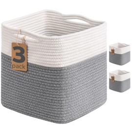 INDRESSME 11x11 Cube Storage Bins, 3-Pack Rope Woven Basket for Organizing Cube Toy Baskets Storage Kids, Square Baskets for Cloth Towel, Book Basket, Bathroom, White & Grey