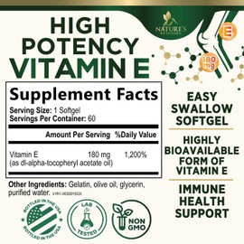 Vitamin E 400 IU Softgels (180mg DL-Alpha) for Women & Men, Supplement for Max Absorption, Nature's Antioxidant for Skin, Heart, Eye, and Immune Health Support, Dairy, Gluten & Soy Free, 60 Softgels