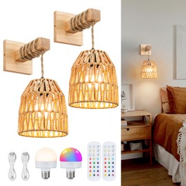 Glitnous Wall Sconces Set of Two Battery Operated, Battery Operated Wall Sconce, Rattan Wall Sconce, Boho Wall Sconce, Rechargeable Woven Lantern Wireless Wall Light/Lamp for Bedroom Home Decor