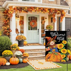 Welcome Fall Pumpkin Garden Flags Burlap 12x18 Double Sided, Autumn Scarecrow Sign Small Flag Farmhouse Yard Outdoor Decorations DF834