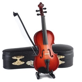 Dselvgvu Wooden Miniature Violin with Stand, Bow and Case Mini Violin Musical Instrument Replica Collectible Figurines Collection Decorative Ornament Dollhouse Accessories Model (5.63"x2.05"x0.75")