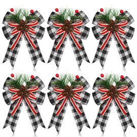 Moucuny 6 Pcs Christmas Burlap Plaid Bow with Pine Cones Pine Needles Xmas Checkered Ribbon Bow Christmas Tree Decoration Bows for Christmas Parties Indoor Outdoor Crafts DIY Decor