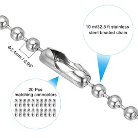 [PATIKIL] 10M Bead Ball Chain 2.4mm Stainless Steel Pull Chain Extension with 20 Connectors Tag Chain Keychain Ring for DIY Crafts Silver
