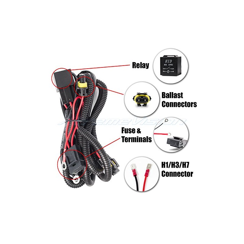 XtremeVision H1/H3/H7 HID Wiring Relay Harness, 12V 40A 35W/55W, Compatible
