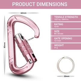Lorsum Auto Locking Carabiner Clips Heavy Duty, 12KN /1227kg Lightweight (1.0oz), Sturdy Twist Lock Caribeeners for Camping Hiking Hammock Swing Backpack, Dog Leash and Harness etc, 2 Pack Pink