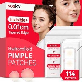 Sosky Pimple Patches for Face, 0.01 Invisible+ Hydrocolloid Acne Patches, Zit Sticker for Face and Skin, Pimple Patches for Covering Zits, Blemishes with Salicylic Acid 2 Sizes 114 Count