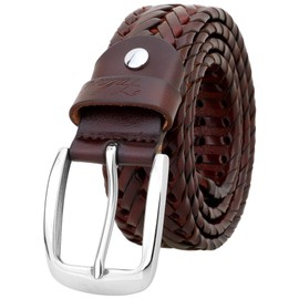 Falari Cinturón trenzado de cuero para hombre hebilla de acero inoxidable 35mm, 9011 café, X-Large 42-44 US