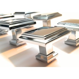 French Furniture Fittings Set of 6 Polished Chrome Art Deco Square Kitchen Cabinet Knobs, Knobs for Cupboard Drawers and Doors, Bedroom Furniture Knobs 32mm Square Shiny Silver