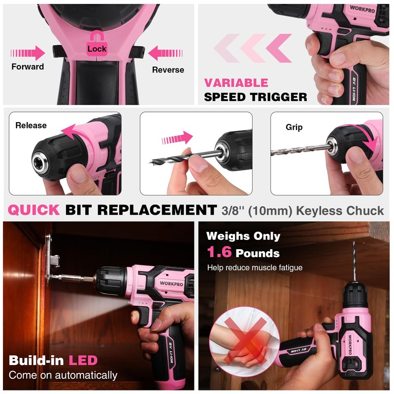 WORKPRO Pink Cordless Drill Driver with Toolbox, 43PCS Pink Tool
