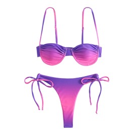 YAUASOPA Bikini con aros en la parte superior del bikini con aros y aros en V y fruncido de dos piezas con degradado, trajes de baño con lazo lateral, Gradation Purple, Small