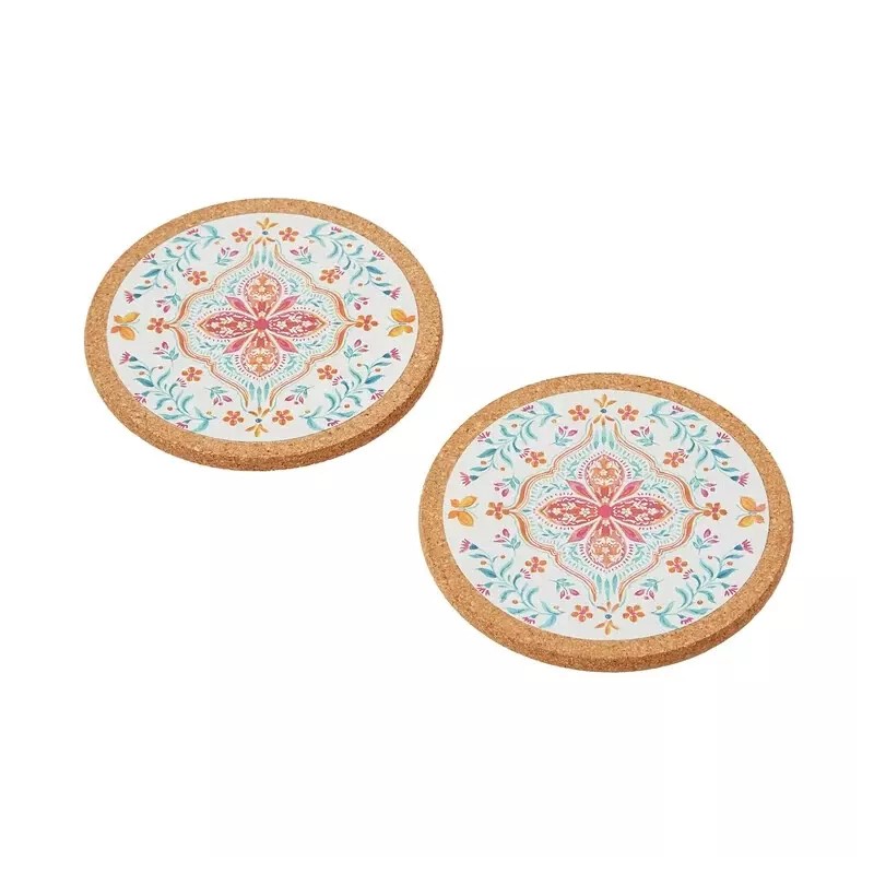 Pioneer Woman Cork Coasters Folk Geo 6Pc Set White Coral