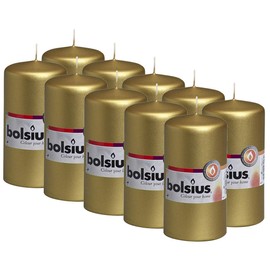 BOLSIUS 10 Gold Pillar Candles Metallic - 2.25 x 4.75 Inches - Premium European Quality - Individually Wrapped - 33 Hours Burn Time - Dripless Smokeless Unscented Wedding, Party, & Home Decor Candles