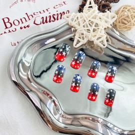 Independence Day False Nails 4th of July Medium Press on Nails Star Coffin Acrylic Stick on Nail Glossy Gradient Full Cover Fake Nail Reusable for Women 24Pcs