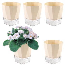 5 Pack Clear Self Watering Plant Pots - 6.7 Inches, Indoor & Outdoor, African Violet, Herb & Orchid, Ivory White