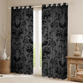 Homewish 30%-50% Blackout Curtains, Antique Victorian Baroque Curtains 2 Panels 66" Wx90 L, Vintage Floral Curtains & Drapes, Gothic Bat Curtains for Bedroom,Bats Sugar Skull Boho Decor,Grey