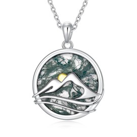 DONGHU 14K White Gold Plated Sterling Silver Moss Agate Mountain Pendant Necklace for Hikers, Climbers and Nature Lovers