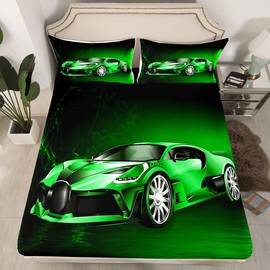 Sports Car Bed Sheet Set Green Race Car Bedding Sheets for Kids Boys Girls Extreme Sports Bedding Fitted Sheet Cool Speed Car Room 2Pcs Single Size