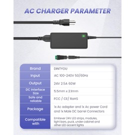 24V Power Supply, 2.5A 60W AC 100-240V Power Adapter for LED Strip Light, Security Camera, Wireless Router, ADSL Cats, HUB, Switches, Audio/Video 24V 2.5A 50-60Hz Power Cord with 5.5 x 2.1mm 2.5mm