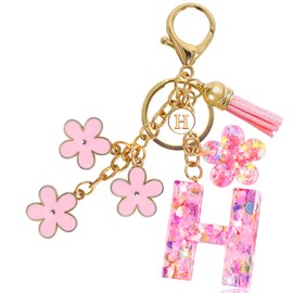 Jusen Resin Alphabet Initial Letter Keychain Tassel Flower Pendant Key Ring for Purse Handbag Car Keys (H-pink)
