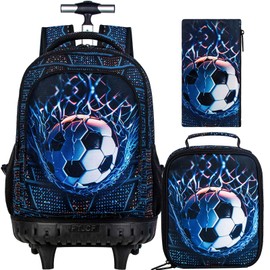 HPJGD 3PCS Soccer Rolling Backpack for Boys, Kids School Backpacks with Wheels, Water Resistant Roller Wheeled Bookbag Set with Lunch Box
