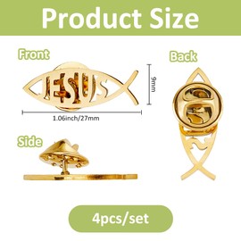 SUPERFINDINGS 4Pcs 304 Stainless Steel Lapel Pin Backs Golden Jesus fish brooch Cartoon Fish Pin Christian Jewelry for Coat Shirt Suit Collar Accessories Gift
