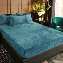 Plush Bed Sheet, 140 x 200 cm, Teal, Fleece, Winter Fitted Sheet, Warm, 140 x 200 cm Set, Box Spring Bed Terry Cloth, Microfibre, Fleece Fitted Sheet, Fitted Sheet for High Mattresses up to 25–30 cm
