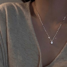 TseenYi Crystal Pendant Necklace Round Solitaire Pendant Necklace Sparkly Round Crystal Necklace Small Dot Choker Necklace Silver Bridal Cz Necklace Chain Jewelry for Women Girls Gifts