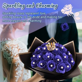 BonBloom's 25 Pcs Glitter Roses Bouquet,Everlasting Shiny Artificial Rose Bouquet,DIY Fake Glitter Bouquets with Stem Pearl Crown for Wedding Anniversary Engagement Day Birthday (Blue)