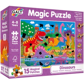 Galt Magic Puzzle Dinosaurs - Fun Colourful 50 Piece Jigsaw Puzzle for Kids, 15 Magical Rub & Reveal Patches - Dino Puzzle with Cute Prehistoric Characters - For Children Ages 4 to 8 Years - 40 x 55cm
