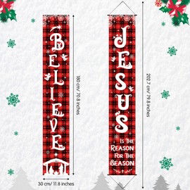 Christmas Front Porch Banners Religious Nativity Scene Sign Holiday Hanging Banner Xmas Decoration for Front Door Believe Jesus Is the Reason for the Season 12 x 71 Inch (Plaid)