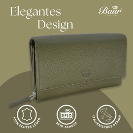 Baur Women's Genuine Leather Wallet with RFID Protection, Large Wallet, Many Card Slots, Wallet with Press Stud Closure, Women's Purses, olive, Classic