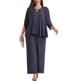 Hanna Nikole Women's Large Sizes Chiffon Evening Suit Sets Cocktail Party Festive Elegant 3-Piece Set Shirt and High Waist Trouser Suit, Purple, grey, 54 large sizes