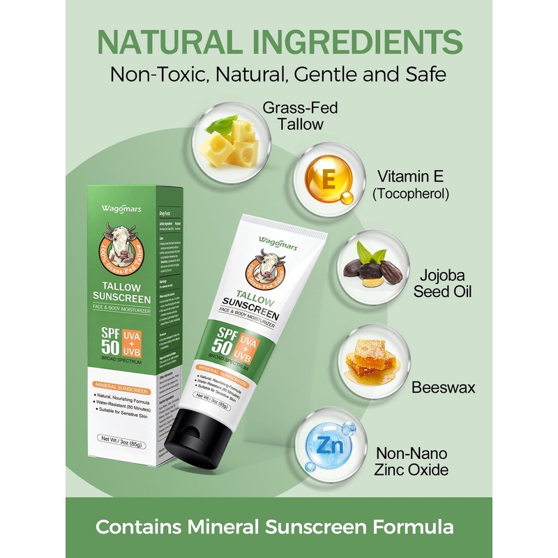 Beef Tallow Sunscreen SPF 50 - Non-Toxic Natural Mineral Sunscreen