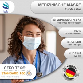 kela OP-Maske - 50x Medizinische Maske Weiß | 100% Made in Germany | OEKO-TEX Standard | Premium Atemschutz Mundschutz OP Maske | MNS Typ IIR Einwegmaske