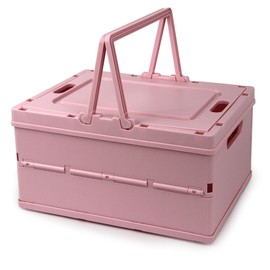 Vivikivi Collapsible Storage Crate, Foldable Plastic Basket with Lid and Handle, Foldable Storage Box Crate Bin for Home Kitchen Office Bathroom Bedroom Pantry (Pink)