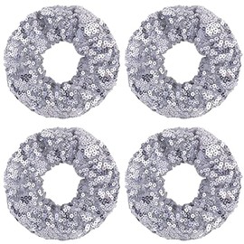 4 Pcs Sparkle Sequin Hair Scrunchie Hair Bobbles Metallic Elastics Ponytail Holders Hair Wrist Ties Bands Cloth Scrunchies for Show Gym Dance Party Club Girl Women (Silver)