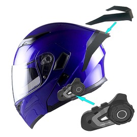 1Storm Motorcycle Modular Full Face Flip up Dual Visor Helmet + Spoiler Bundle with Freedconn Motorcycle Bluetooth Headset: HB89 Glossy Blue
