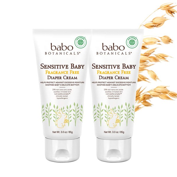 Babo Botanicals Sensitive Baby Fragrance-Free Diaper Cream - with Non-Nano Zinc Oxide, Organic Calendula, Shea & Cocoa Butter - EWG Verified - 3 Ounce (Pack of 2)
