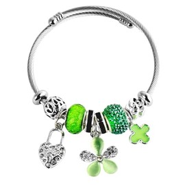 JASKFG Stainless Steel Twisted Cable Charm Bracelet with Green Beads, Shamrock, Heart, 20 cm