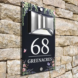 Custom Signs Solar Illuminated Modern Anthracite House Number Sign 24cm x 14.5cm Flower Border Design