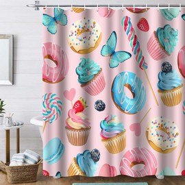 TPMDFC Sweets Shower Curtain, 72x72inch, Macaron Cupcake Donut Bathroom Shower Curtains, Dessert Food Theme Kids Girls Bathroom Curtains Decor Set with 12 Hooks YLOKTP0482