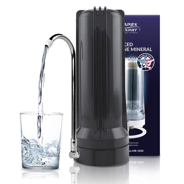 APEX Countertop Drinking Water Filter - 5 Stage Mineral Cartridge - Alkaline Filtration System - for Purified Water (Black)