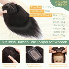 Hairro Hair Topper with Bangs 100% Real Remy Human Hair Extension 13x7cm Clip in Silk Base Hair Toppers for Women Cover Thinning Hair Loss (14 Inch #1B Natural Black)