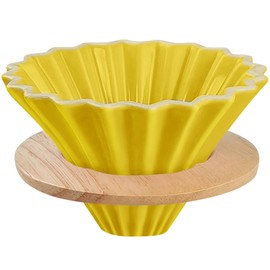 EHERDM Ceramic Coffee Dripper with Wood Cup Stand Pour Over Coffee Maker Elegant Flower-shape V60 Strainer for 1-2 Cups Slow Brewing Accessories for Home Coffee Shops Restaurants Yellow