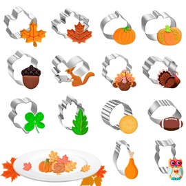 Crethinkaty 14 Pieces Mini Thanksgiving Cookie Cutters,Fall Holiday Biscuit Cutter Set,Thanksgiving Stainless Steel Cookie Cutter Sets for Baking Pumpkin,Maple leaf,Turkey,Squirrel,Acorn