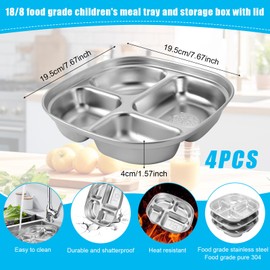 4 Pcs Stainless Steel Kids Plates with Lids, BPA Free Toddler Divided Bento Snack Food Containers Feeding Supplies for Toddlers Kids Babies
