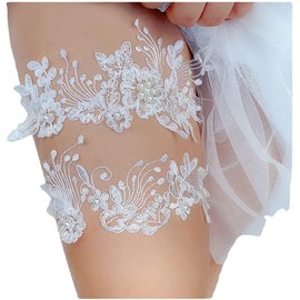 Ursumy Pearl Garters for Bridal Stretch Wedding Garter Lace Garters Floral Leg Garters Set for Women and Girls (Pack of 2)