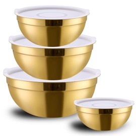 MEADLY Gold Mixing Salad Bowls With Lids Set of 4, Stainless Steel Nesting Bowl with white Lid,Dishwasher Safe,Home kitchen Mixing Prepping Storing Serving,size of 5.5,3.6,2.1,1.5,Qt