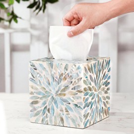 Reallnaive 5.9 Inch Cube Mother of Pearl Tissue Box Cover Ceramic Decorative Tissue Box Holder, Square Napkin Holder Rustic Napkin Dispenser Organizer for Table Bathroom Office(Ivory Teal Floral)